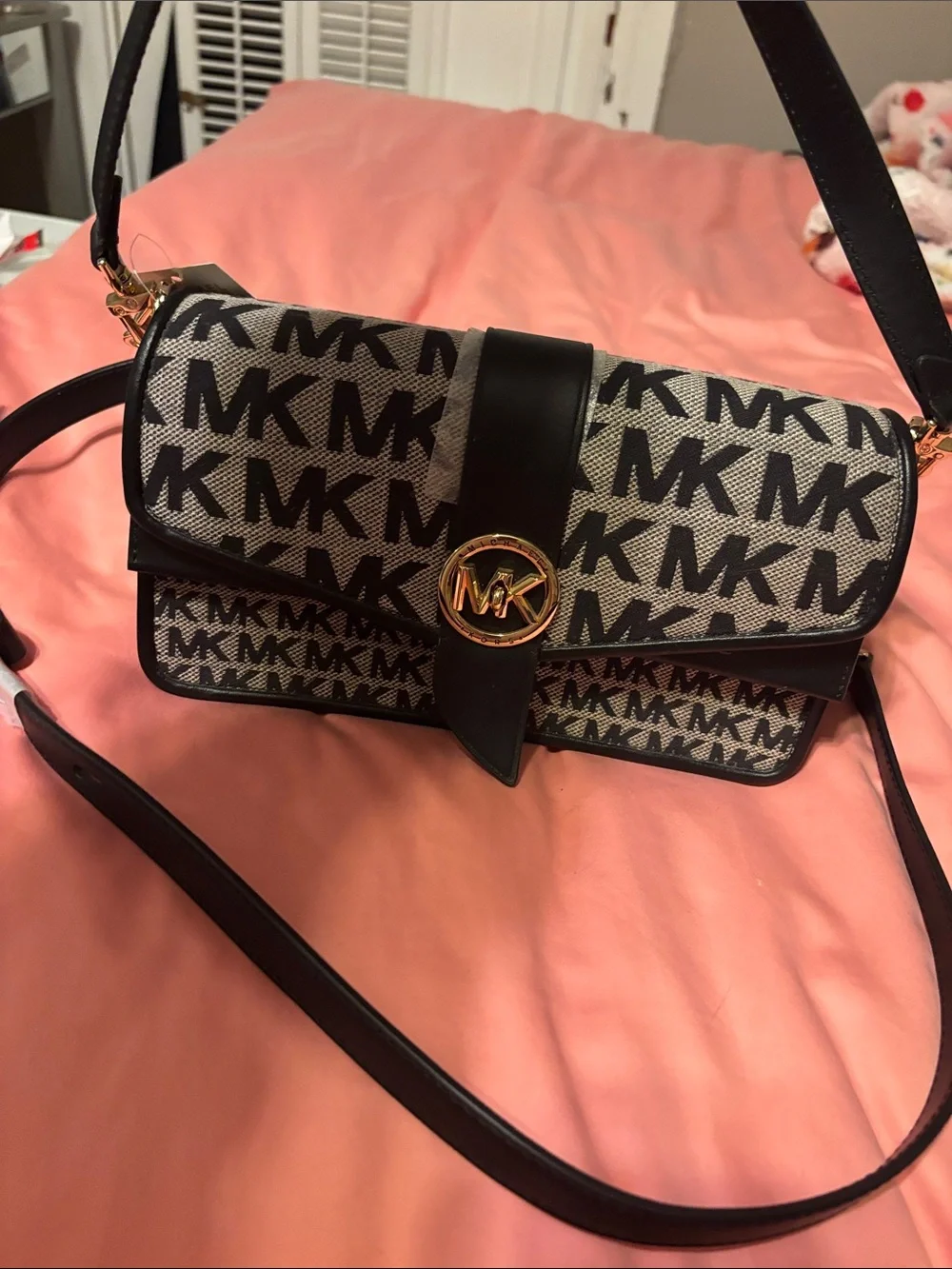 Michael Kors Black and White MK Logo Shoulder Bag with Gold Hardware